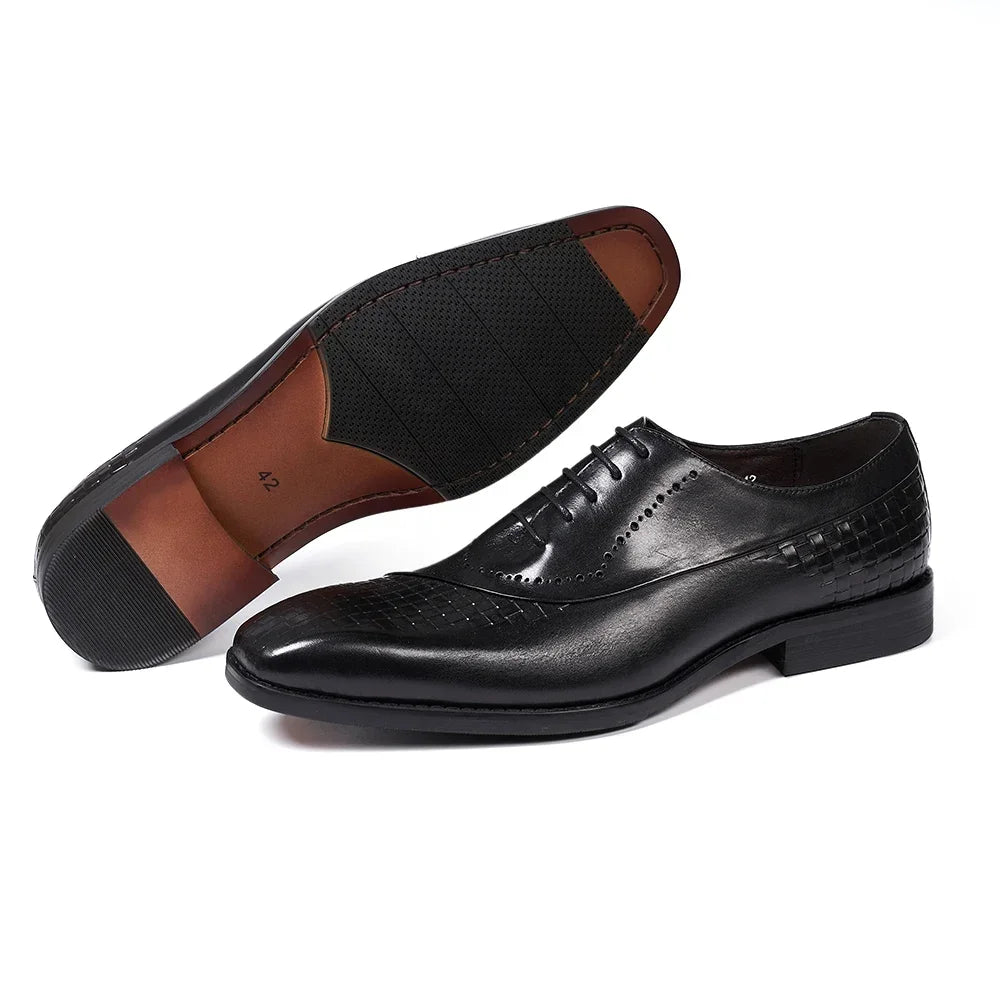 Men's Genuine Leather Oxfords Fashion Pointed Toe Wedding Party Dress Shoes Luxury Lace-Up Office Career Formal
