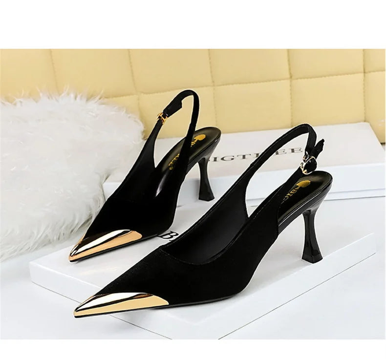 Elegant Women Green High Heel Velvet Pumps Wedding Party Slingback Sandals Metal Pointed Toe Hollow Buckle Wine Red Shoes