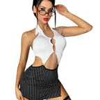 Halloween Women's Lingerie Sets Halter Backless Cutout Top Pinstripe Mini Skirt Office Lady Costume Cosplay Party Kit