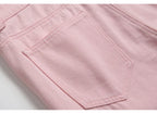 Men's Pleated Patch Denim Biker Jeans Streetwear Pink White Cotton Pants Ripped Patchwork Slim Straight Trousers