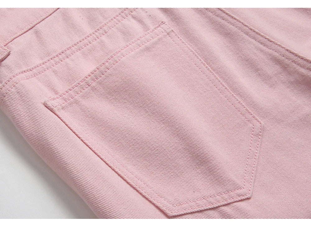 Men's Pleated Patch Denim Biker Jeans Streetwear Pink White Cotton Pants Ripped Patchwork Slim Straight Trousers