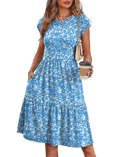 Women Cap Sleeve Casual Tiered Swing Dress Floral Print Summer Beach Vacation Dress