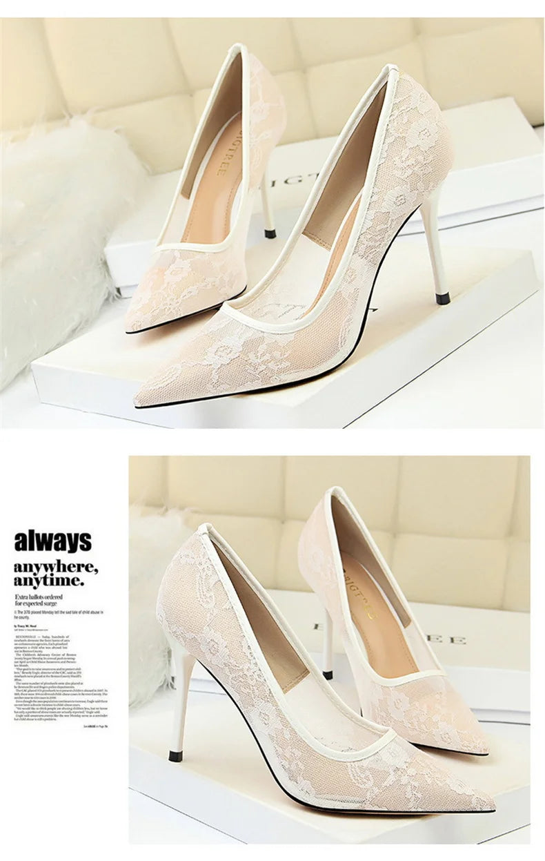 2024 Black Flower Lace Mesh Pumps Women Pointed Toe Shallow Fashion Party Single Shoes Show Thin High Heel Office Shoes