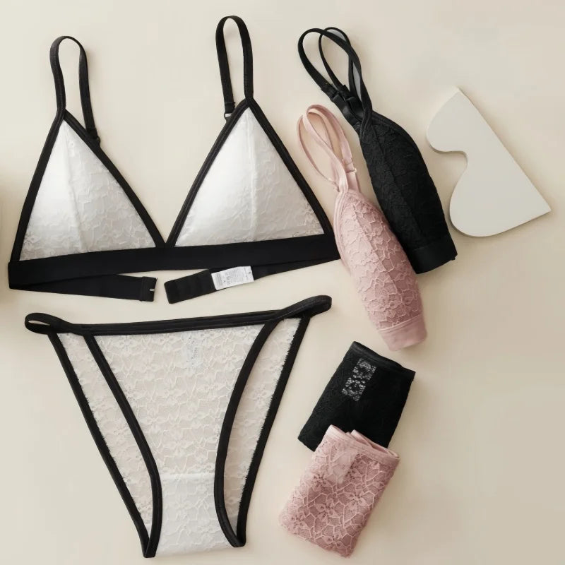 Women French Lace Bra and Panties Set Non-wire Bralette Bra Low-Rise Briefs Sexy Lingerie Female Lace Underwear Set