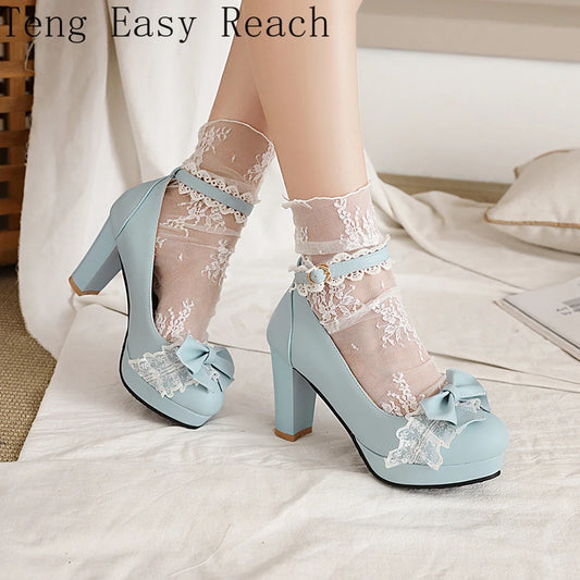 Summer 2025 Ladies Heels Platform Cute Bow Lace Princess Mary Jane Lolita Shoes Party High Heel Buckle Women Pumps Girls Sweet 8