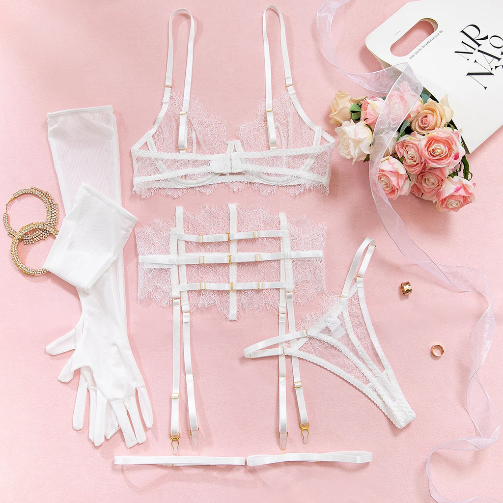 New Eyelash Lace 5-Piece Lingerie Set for Women with Underwire Bra Waistband  Garter Belt Leg Rings Gloves Sexy Comfortable