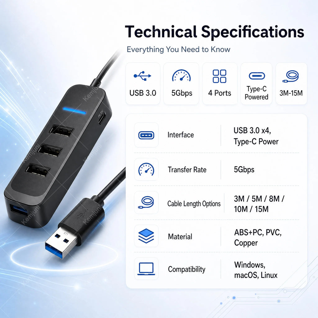 USB 3.0 Hub 4 Ports 5M Extension Cable Multi Port USB Hub Adapter High Speed Data Transfer for Laptop PC Computer Notebook