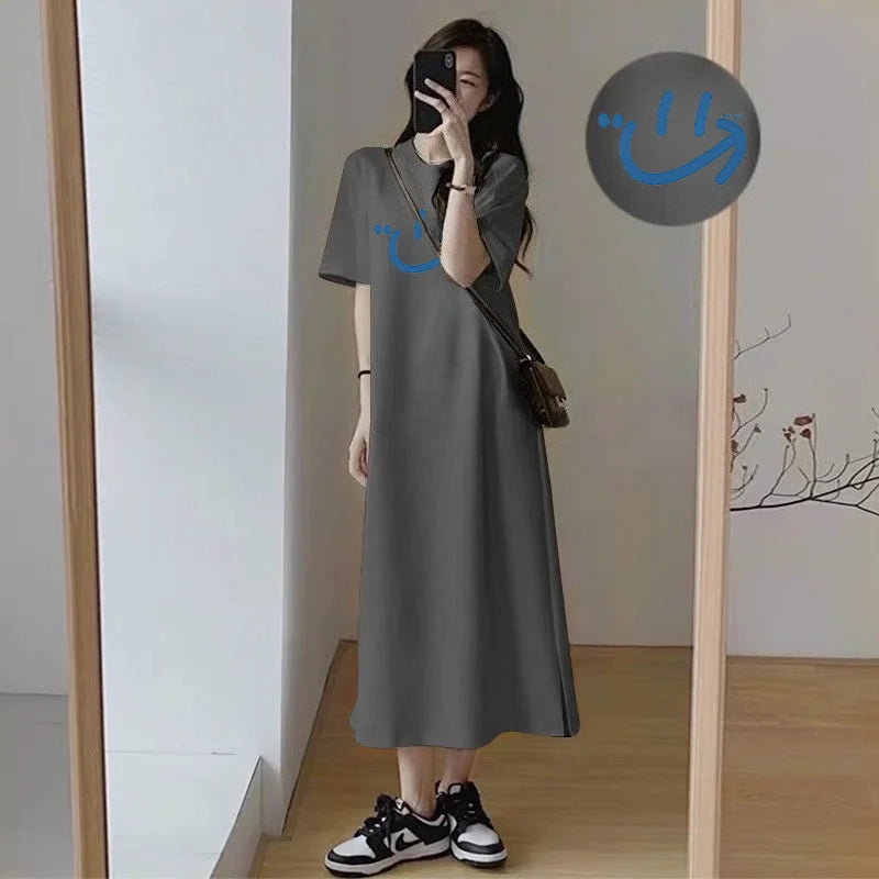 Arabic Print Side Split Long T Shirt Dress Women Loose Short Sleeve Oversized Casual Maxi Loungewear Dress