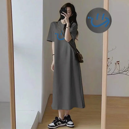Arabic Print Side Split Long T Shirt Dress Women Loose Short Sleeve Oversized Casual Maxi Loungewear Dress