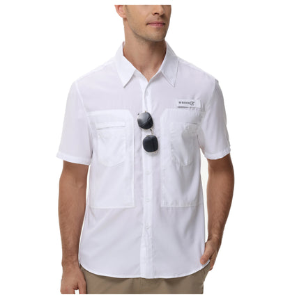 Summer Men's UPF 50+ Fishing Shirts, Lightweight Breathable Short Sleeve Cargo Shirt, Button Down Tactical Shirts Workout