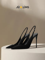 New Baotou fine heeled sandals for women, black with a buckle strap and a back strap, fashionable suede high heels