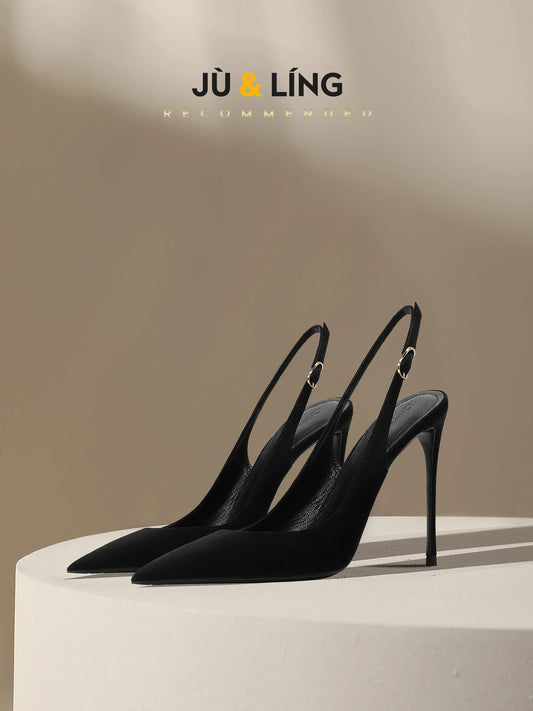 New Baotou fine heeled sandals for women, black with a buckle strap and a back strap, fashionable suede high heels