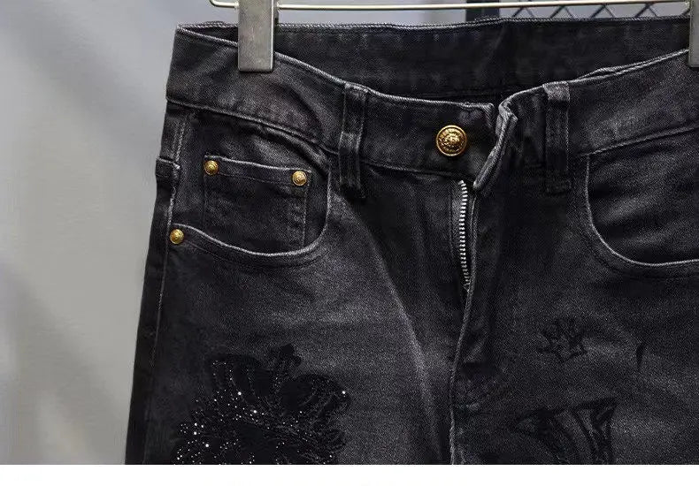 Hot-Stamped Rhinestone Men's Jeans, Trendy Brand, Stretchy Slim Fit, Embroidered and Printed Men's Trousers