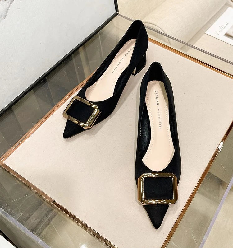Ladies Summer Footwear Office Shoes for Women 2025 with Medium Heels Black Square Pointed Toe Stylish Chic Point Lastest Casual