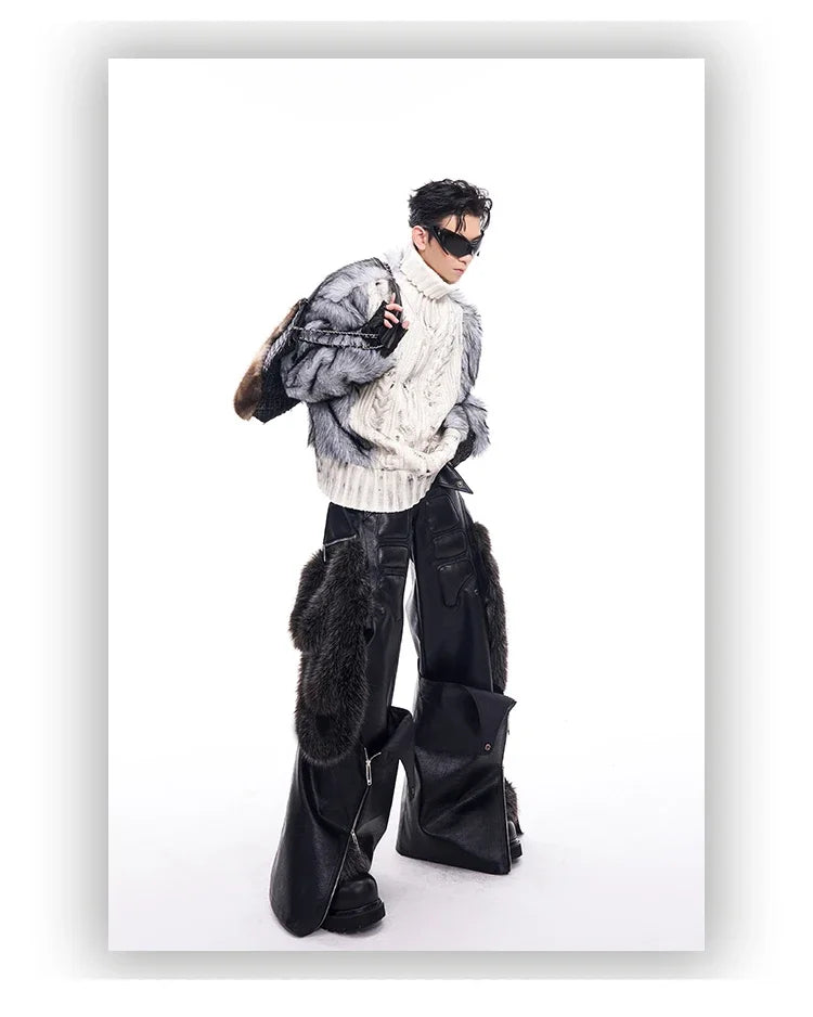 Mauroicardi Spring Autumn Cool Long Baggy Black Pu Leather Wide Leg Cargo Pants Men Luxury Mens Designer Clothes Streetwear 2025