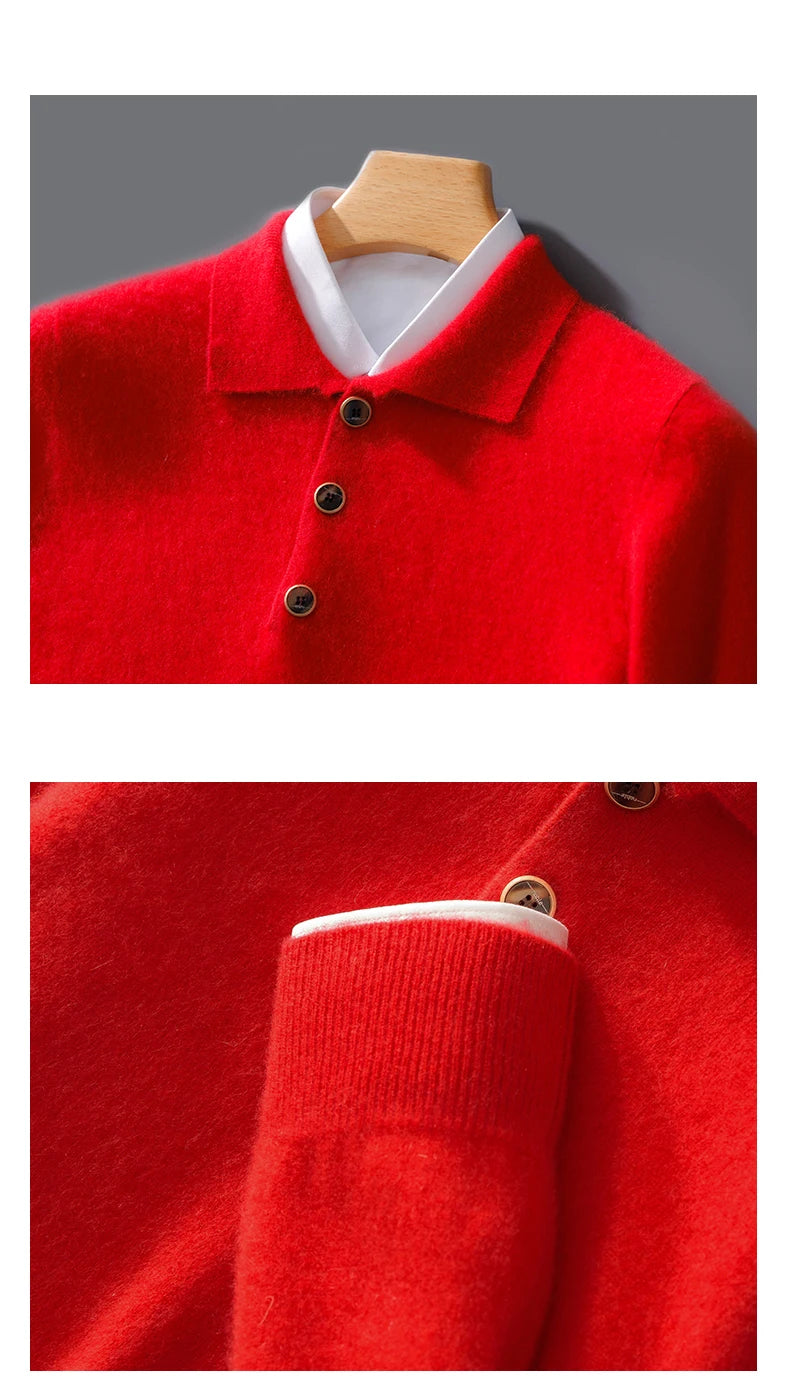 Autumn And Winter New 100 Pure Wool Sweater Men's POLO Collar Button Loose Pullover Sweater Cashmere Knitted Bottoming Shirt