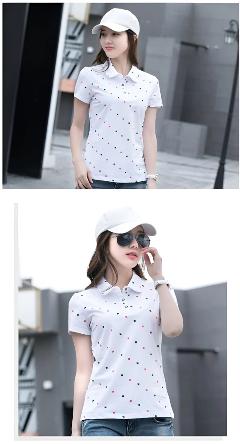 Women's Summer Cotton Shirt - Slim Fit Foldable Flip Collar Short Sleeve Printed Casual Top Trendy Button Design Fashion