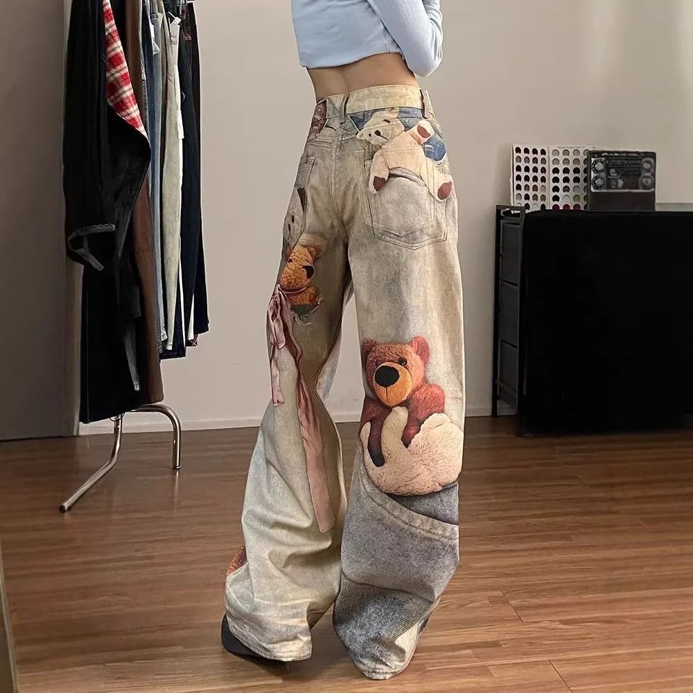 2026 New Spring Women's Colorful Digital Print Bear Jeans High Waist Loose Slim Fit Straight Wide Leg Casual Denim Pants