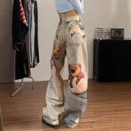 2026 New Spring Women's Colorful Digital Print Bear Jeans High Waist Loose Slim Fit Straight Wide Leg Casual Denim Pants