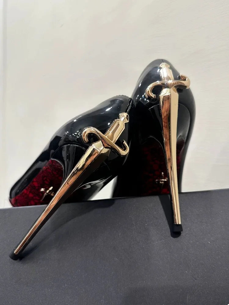 Red Bottom Metal Wand Sexy Sword Pointed Toe Thin Heel Evening Single High Heel Printed Bottom Comfortable Wear Ultra High Heels