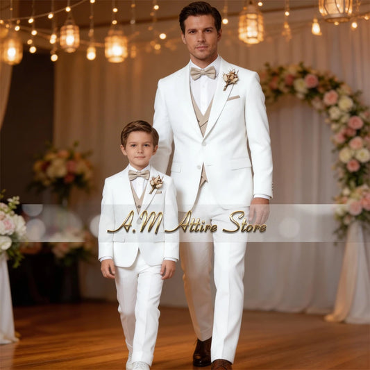 Formal Men's Suit 3pcs White Jacket Pants with Khaki Vest Slim-Fitting Parent-Child Custom Set for Wedding Prom Birthday Party