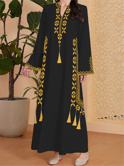 Fashion Muslim Women's Printed V-neck Robe 2025 Autumn V-neck Long Sleeve Arab Ethnic Style Printed Maxi Dress For Women Elegant