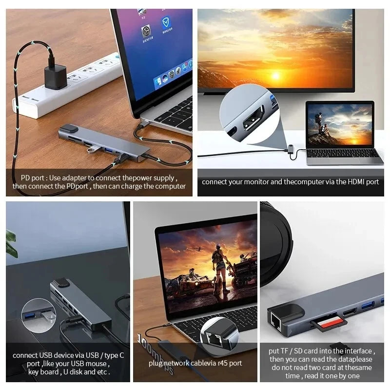 FANGTUOSI Usb 8 In 1 Type C 3 1 To 4k HdTV Hub Adapter With Sd Tf Rj45 Card Reader Pd Fast Charge For Macbook Notebook Computer