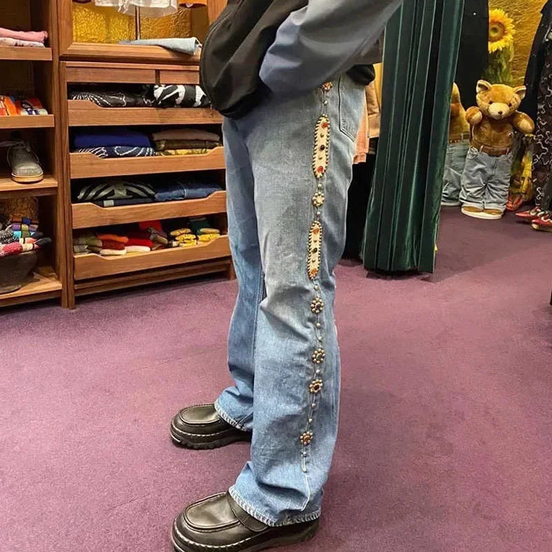 Japan Style KAPITAL 24SS Classic Rivet Set Diamond Casual Cowboy Gemstone Craft Men Jeans Pants