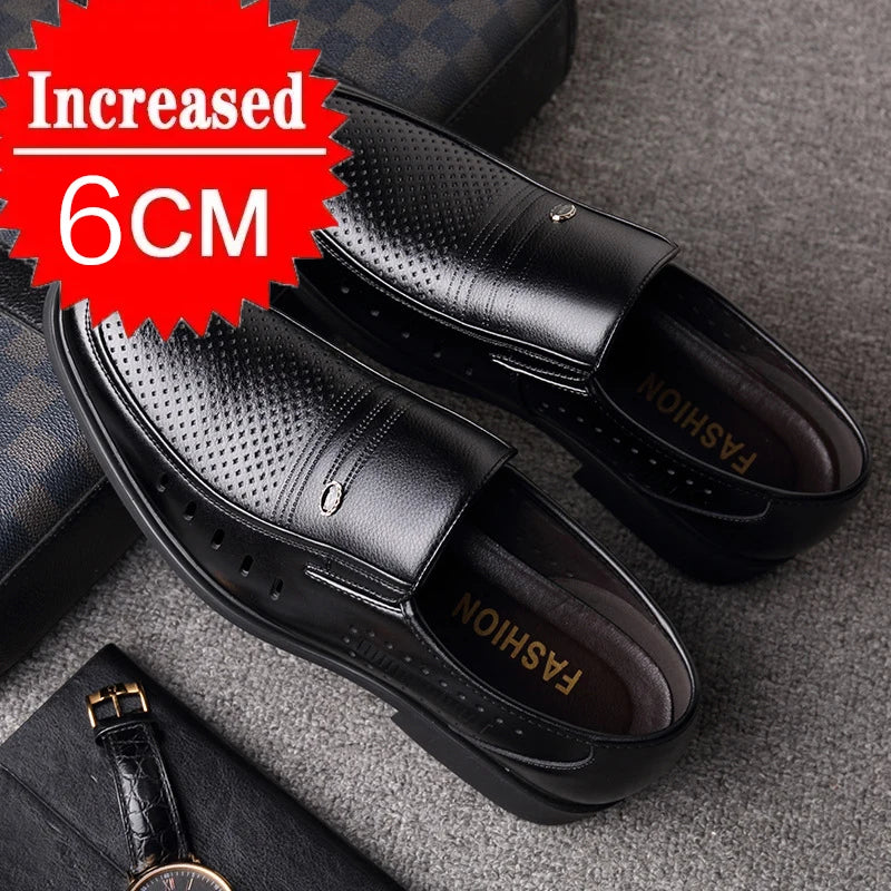 Men's Breathable Hollow Out Elevator Dress Leather Shoes Spring Summer 6cm Height Increase Business Slip-On Formal Office Shoes