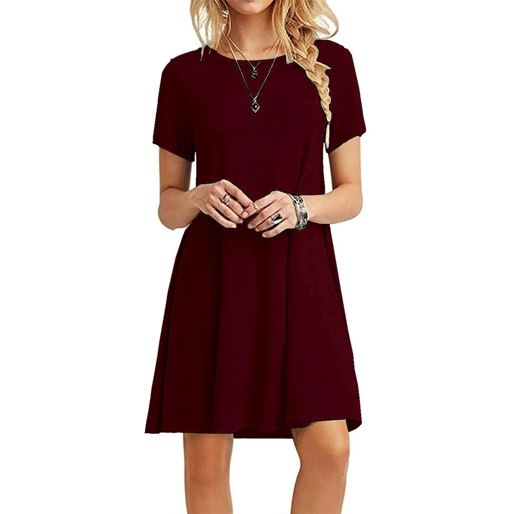 Women Shirt Dress Summer O-Neck Short Sleeve Slim A-Line Beach Holiday Dresses YKD-nz056