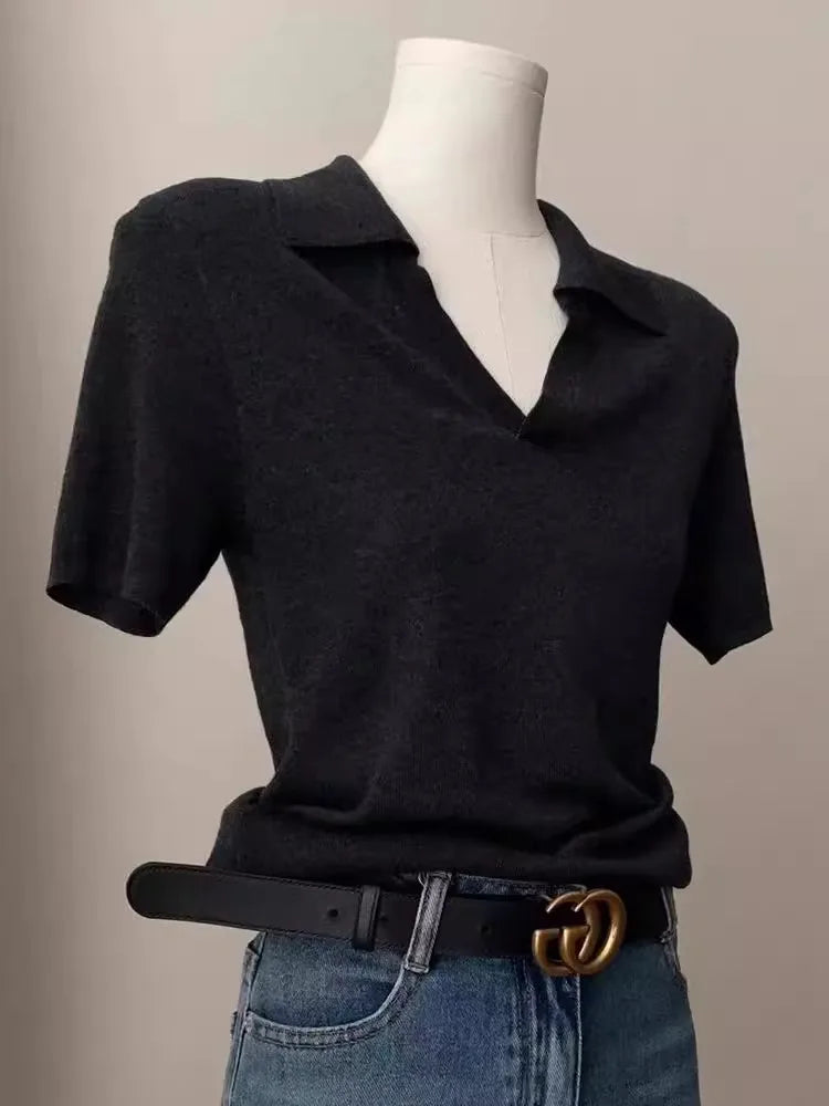 French short shoulder sleeve women's lapel knit top women's spring and summer thin ice silk polo collar  of solid color T-shirt