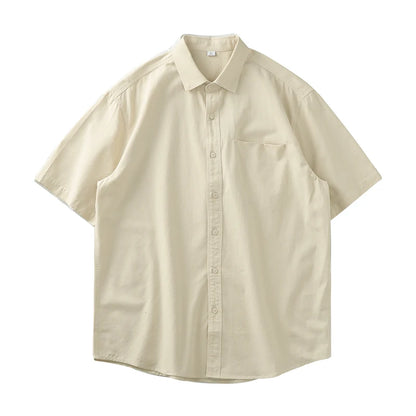 Dukeen Heavyweight Short-Sleeved Shirt Men's Summer Solid Color Lapel Pocket Casual Shirt Cotton White Shirts