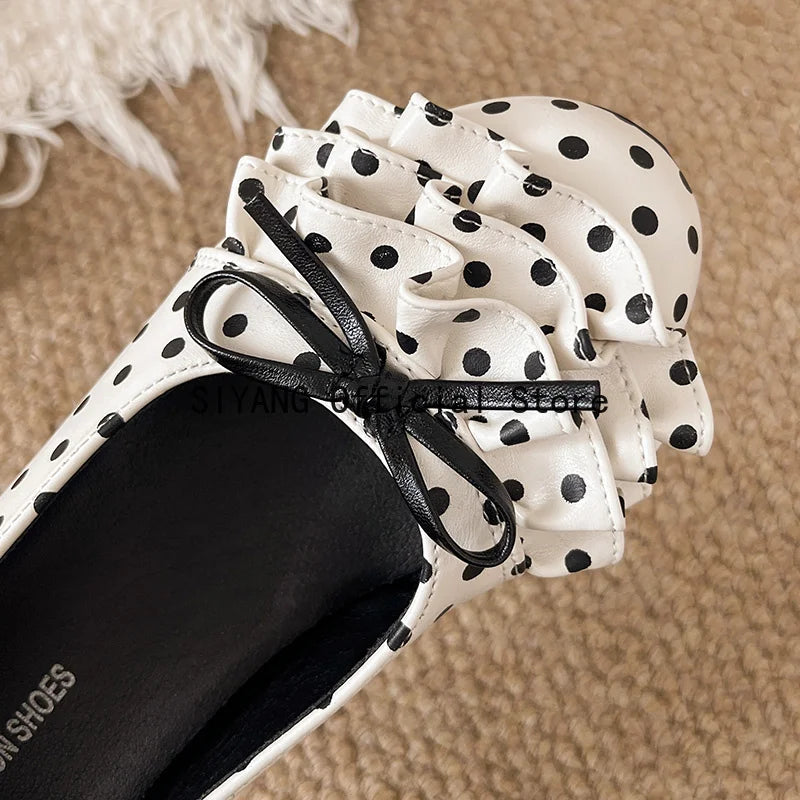 Polka Dot Mary Jane Shoes Women Sweet Ruffle Internal Elevation Shoes Ladies Soft Sole Slip On Daily Comfort Dress Footwear