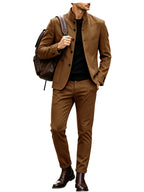 Men's Linen Stand Collar Suit 2-Piece Blazer & Pants Set Slim Fit Business Casual Tuxedo Jacket Trousers Formal Wedding Outfit
