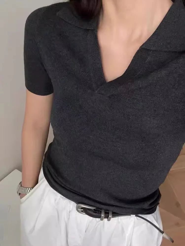French short shoulder sleeve women's lapel knit top women's spring and summer thin ice silk polo collar  of solid color T-shirt