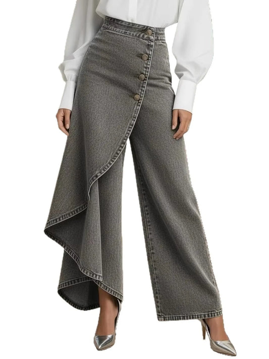 Women's Faux Wrap Asymmetric Ruffle Denim Wide Leg Pants High Waist Button Detail Vintage Washed Jeans 5 Colors