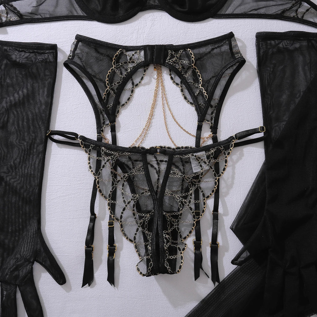 Ellolace Romantic Women's Lingerie Sets Elegant Chains Bra Belt Thong 3PC with Gloves Stockings Shiny Intimate Honey Underwear