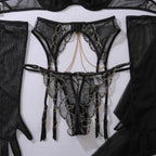 Ellolace Romantic Women's Lingerie Sets Elegant Chains Bra Belt Thong 3PC with Gloves Stockings Shiny Intimate Honey Underwear