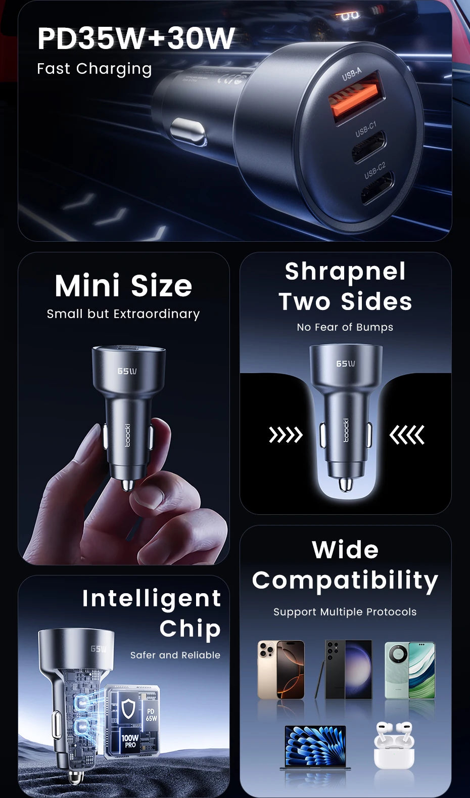 Toocki 65W Car Charger PD 35W Fast Charge for iPhone 16 15 14 Samsung S24 AFC USB C Car Phone Charger for Xiaomi Huawei Realme