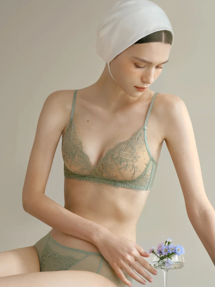 SUJIIN Sexy Embroidered Bra Sets for Women No Underwire Plunge Small Chest Bra and Panty Set Summer Female Lingerie MX287+N196