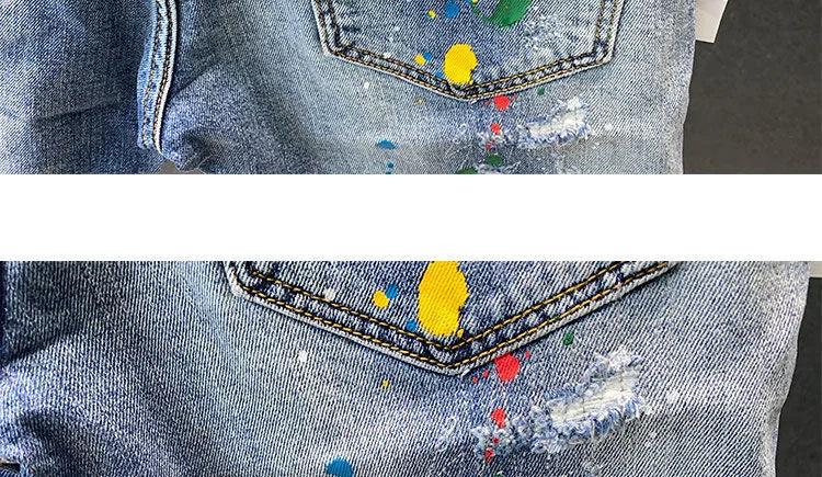 2025 Summer New Fashion Trend Printed Ripped Straight Stretch Jeans Men's Casual Loose Sports High Quality Denim Shorts 28-36