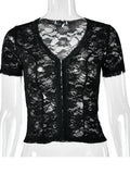 JULISSA MO Sexy Deep V-neck Sheer Lace Women T-shirt Black Short Sleeve Floral T-shirt Summer Skinny Casual Vacation Streetwear