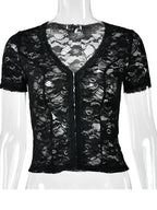 JULISSA MO Sexy Deep V-neck Sheer Lace Women T-shirt Black Short Sleeve Floral T-shirt Summer Skinny Casual Vacation Streetwear