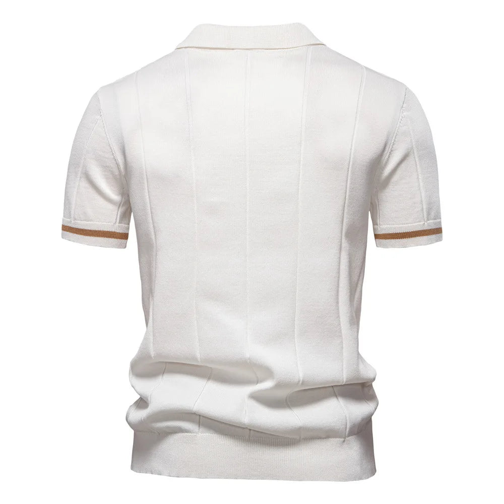 New men's business casual short-sleeved fashion trend knitted POLO shirt with lapel and half-zip pullover design.