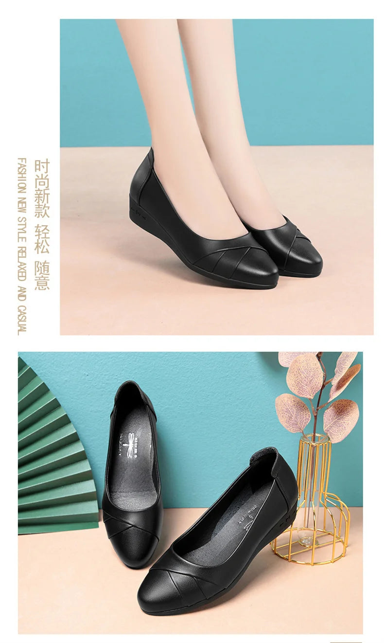 Women Fashion Light Weight Wedge Heel Comfort Spring Autumn Shoes Casual Sweet  Black Leather Soft Bottom Flat Shoes