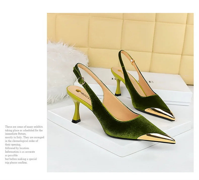 Elegant Women Green High Heel Velvet Pumps Wedding Party Slingback Sandals Metal Pointed Toe Hollow Buckle Wine Red Shoes