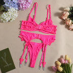 Ellolace Daring Women's Lingerie Sets Fancy Sexy Bra Belt Thong 3PC with Leg Circles Romantic Heart Rhinestone Women Underwear