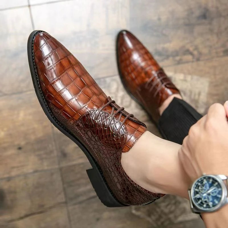 Mens Brown Crocodile Embossed Leather Dress Shoes Pointed Toe Lace Up Oxfords Formal Business Office Wedding Party Wear Comforta