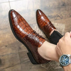 Mens Brown Crocodile Embossed Leather Dress Shoes Pointed Toe Lace Up Oxfords Formal Business Office Wedding Party Wear Comforta