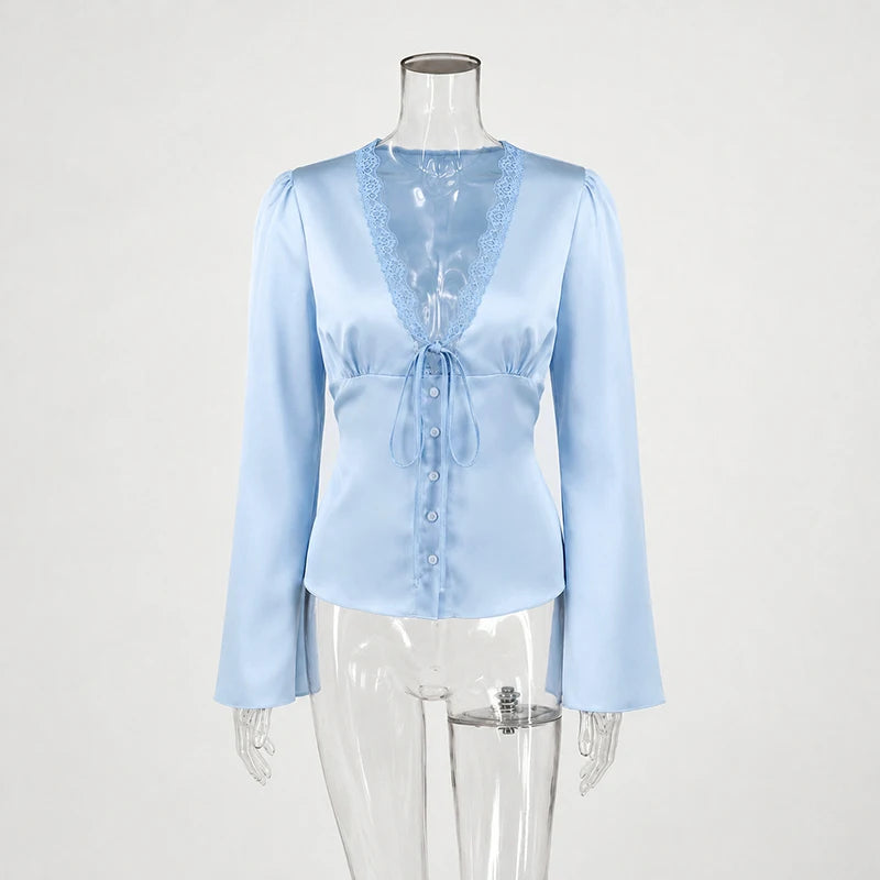 Tornova Elegant Satin Lace T Shirt Women's Long Sleeve Casual V Neck Lace Up Top Fashion Single Breasted Female Commute T Shirt